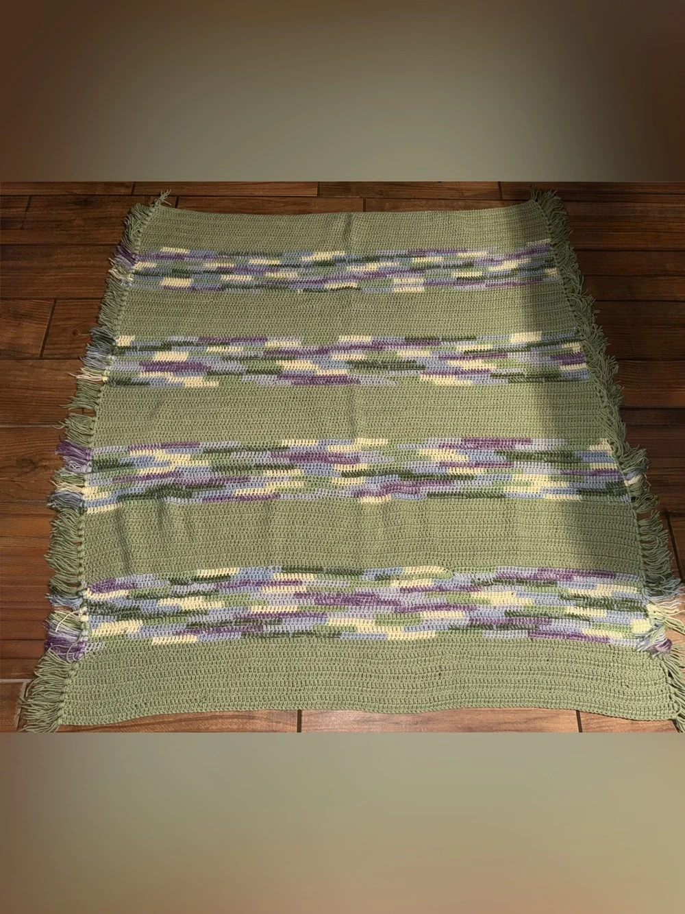 Handwoven Green Textured Throw with Purple & Cream Stripes